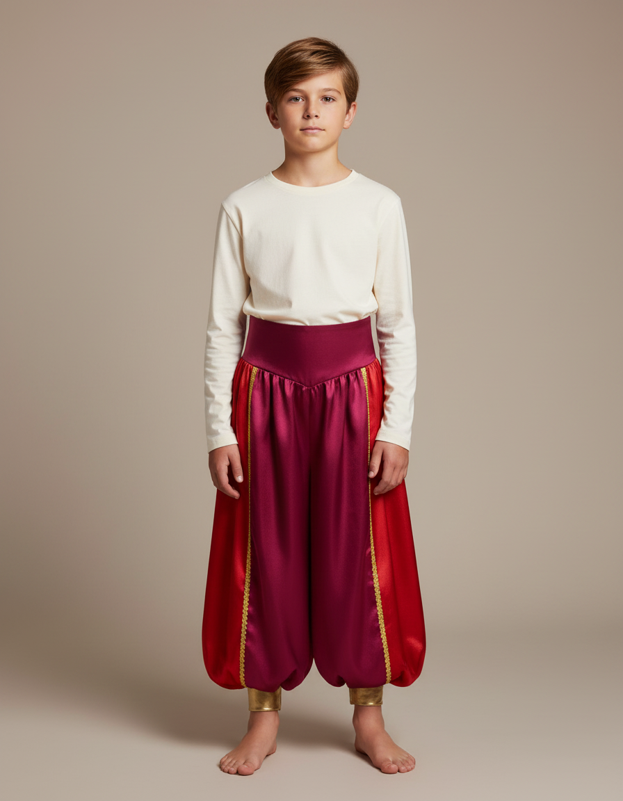 Pantalon Jupe Satiné Rouge Drapé Doré Garçon