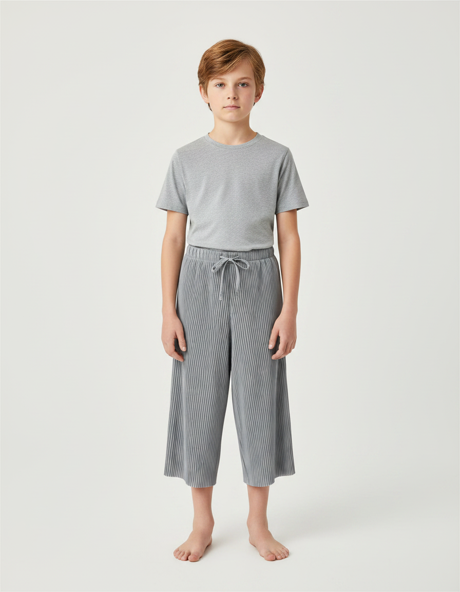 Pantalon Jupe Gris Plissé Ample Enfant Décontracté - Polyester