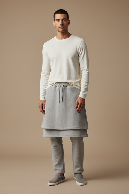 Pantalon Jupe Gris Superposé Ample Molleton Homme