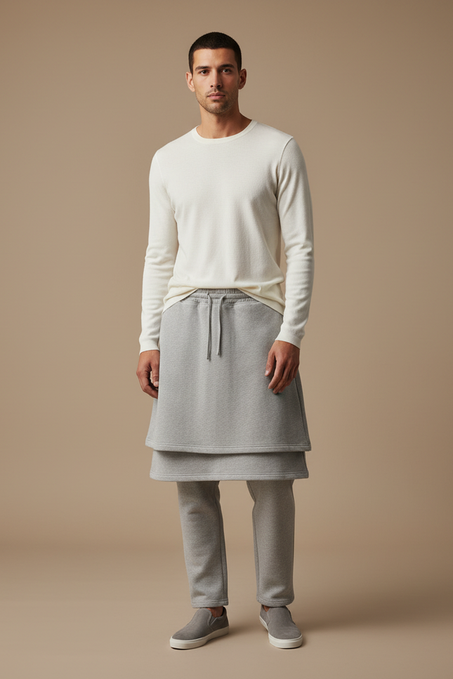 Pantalon Jupe Gris Superposé Ample Molleton Homme
