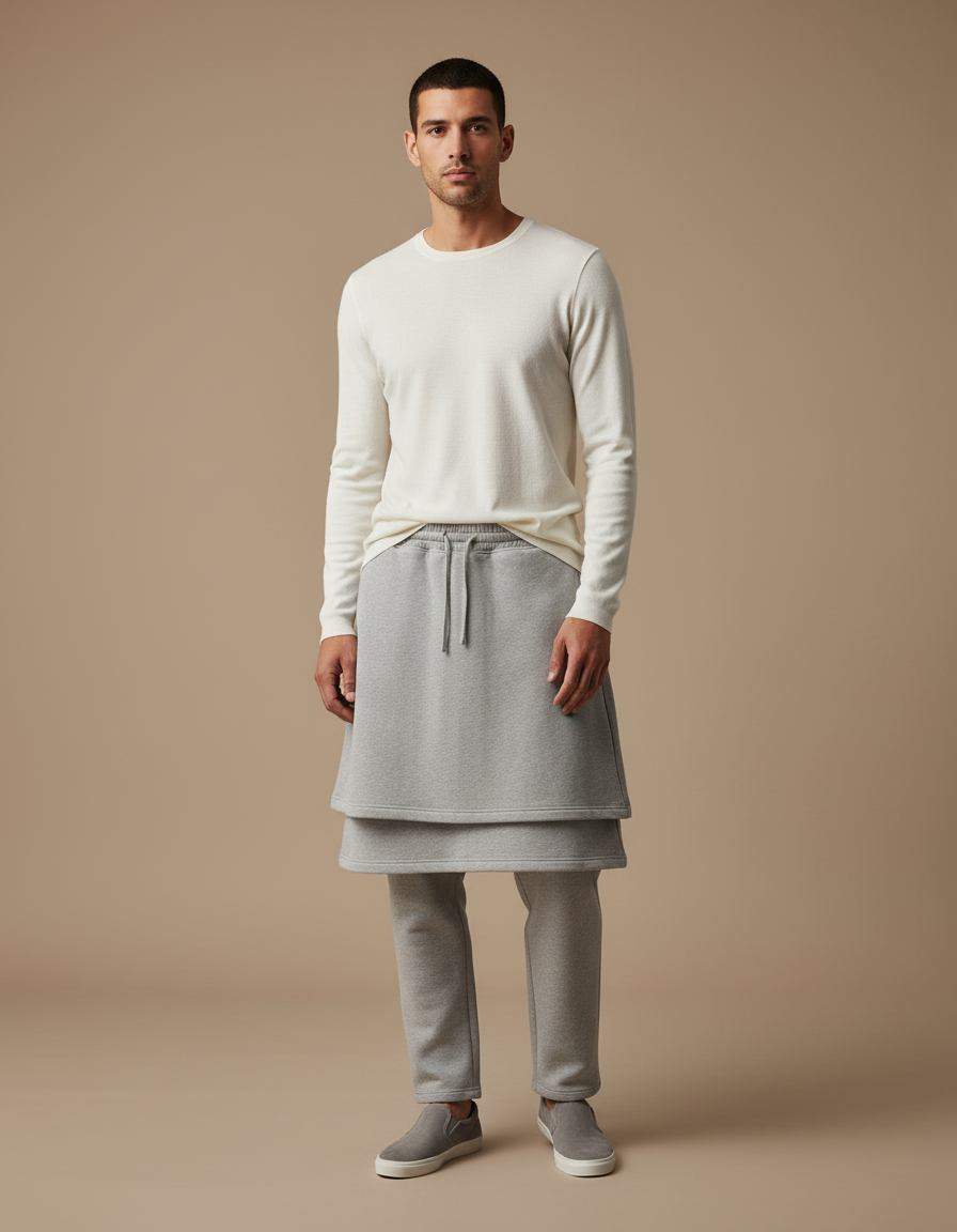 Pantalon Jupe Gris Superposé Ample Molleton Homme