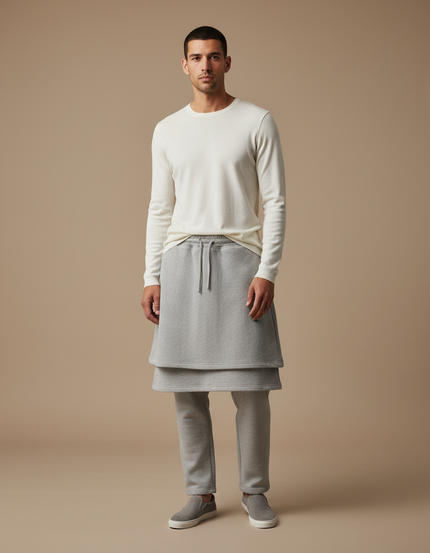 Pantalon Jupe Gris Superposé Ample Molleton Homme