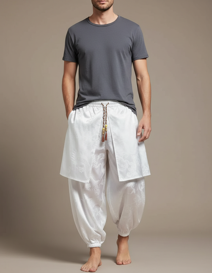 Pantalon Jupe Blanc Satiné Dragon Ample Harem