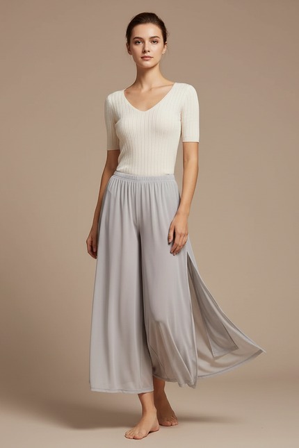 Pantalon Jupe Gris Fluide Fendu Léger Chiffon Ample - Polyester