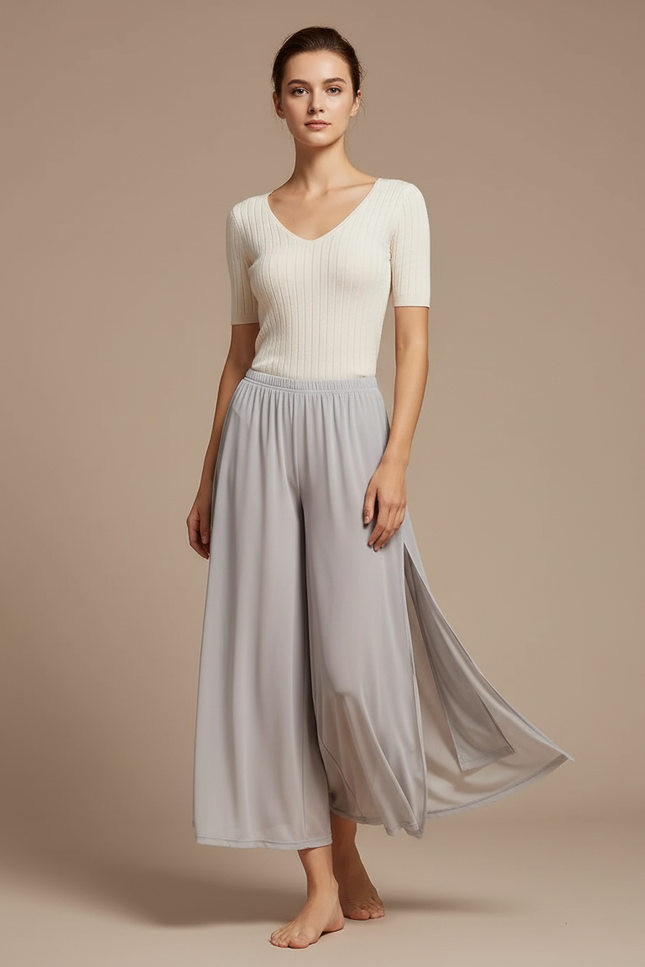 Pantalon Jupe Gris Fluide Fendu Léger Chiffon Ample - Polyester