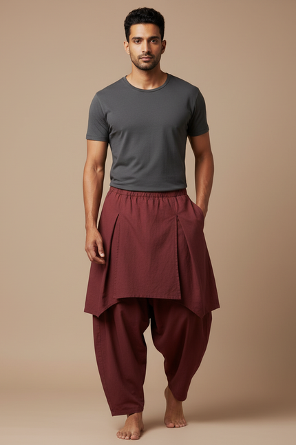 Pantalon Jupe Marron Coton Ample Drapé Homme - Bordeaux