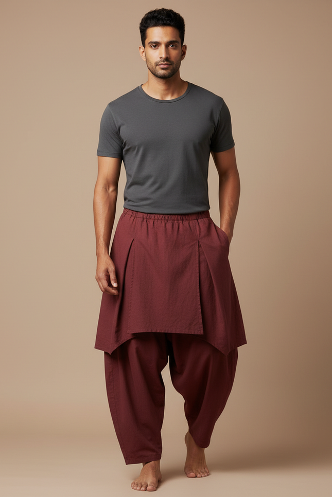 Pantalon Jupe Marron Coton Ample Drapé Homme - Bordeaux