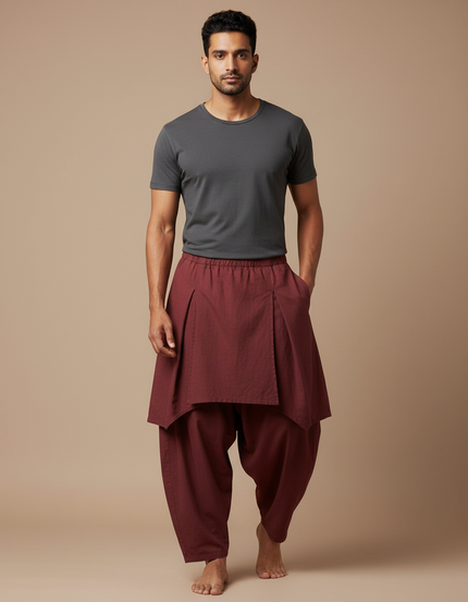 Pantalon Jupe Marron Coton Ample Drapé Homme - Bordeaux