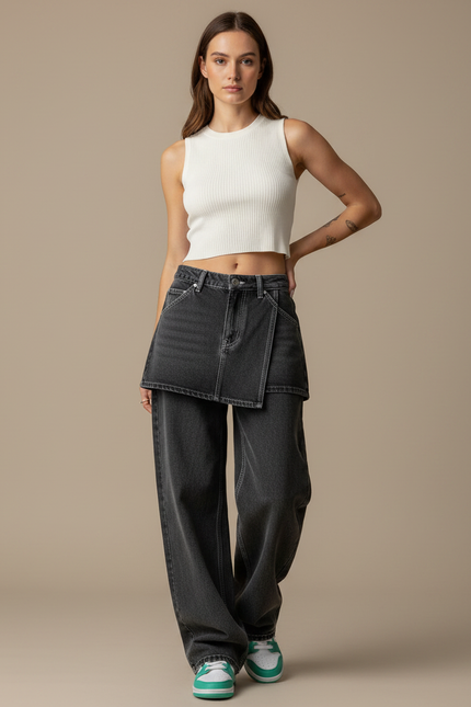 Pantalon Jupe Denim Gris Ample Déstructuré Y2K - Jean