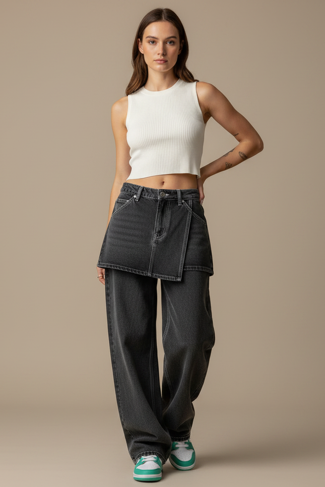 Pantalon Jupe Denim Gris Ample Déstructuré Y2K - Jean