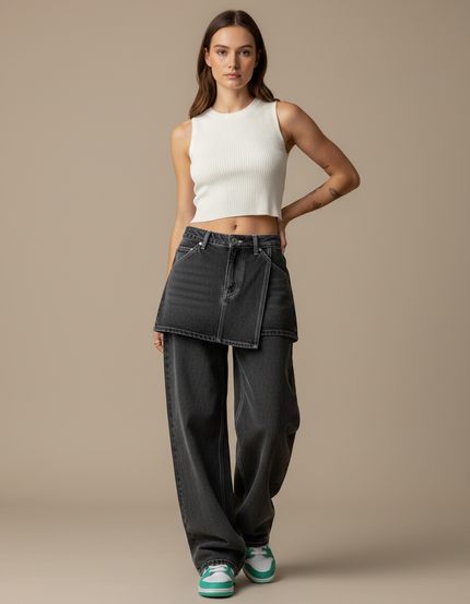 Pantalon Jupe Denim Gris Ample Déstructuré Y2K - Jean