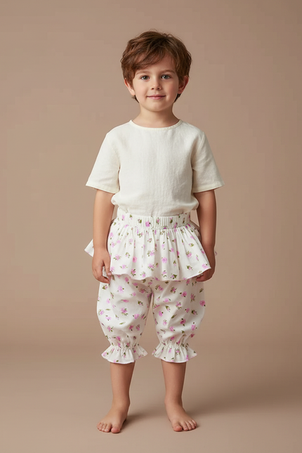 Pantalon Jupe Floral Blanc Volants Enfant Coton