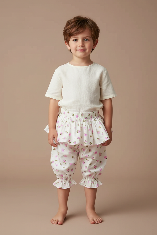 Pantalon Jupe Floral Blanc Volants Enfant Coton