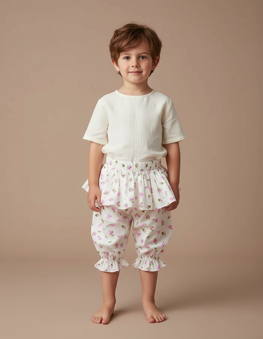 Pantalon Jupe Floral Blanc Volants Enfant Coton