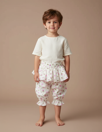 Pantalon Jupe Floral Blanc Volants Enfant Coton