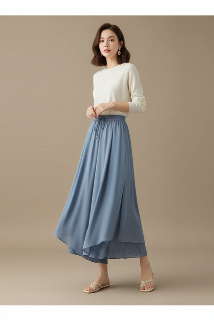 Pantalon Jupe Bleu Chiffon Plissé Ample Fluide Élégant - Polyester