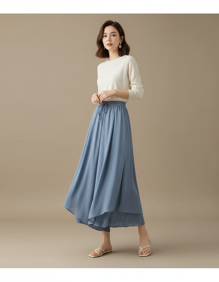 Pantalon Jupe Bleu Chiffon Plissé Ample Fluide Élégant - Polyester