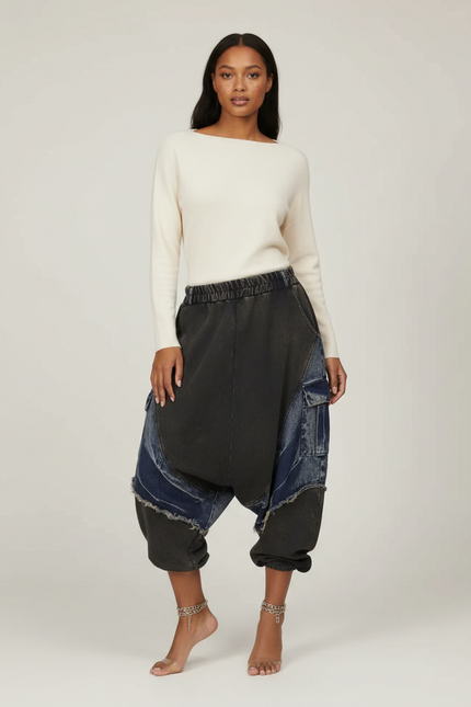 Pantalon Jupe Patchwork Denim Ample Décontracté - Multicolore Jean