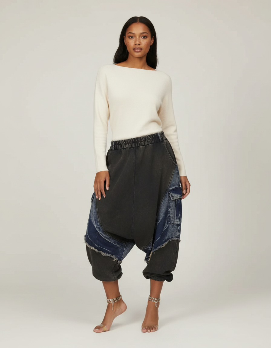 Pantalon Jupe Patchwork Denim Ample Décontracté - Multicolore Jean