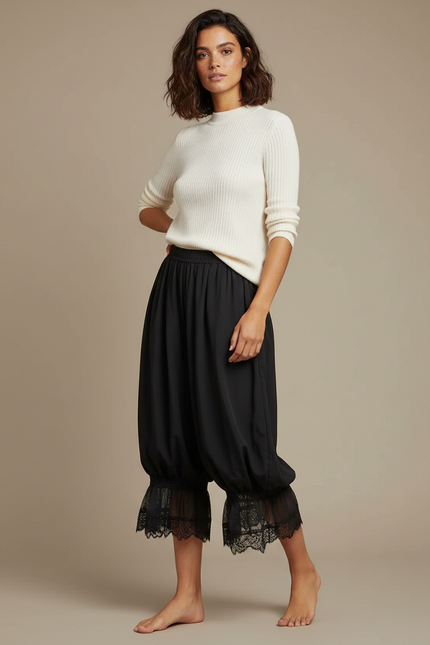 Pantalon Jupe Noir Ample Dentelle Bohème Court - Viscose