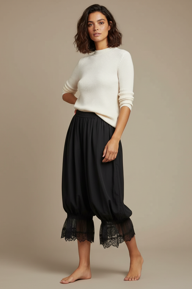 Pantalon Jupe Noir Ample Dentelle Bohème Court - Viscose