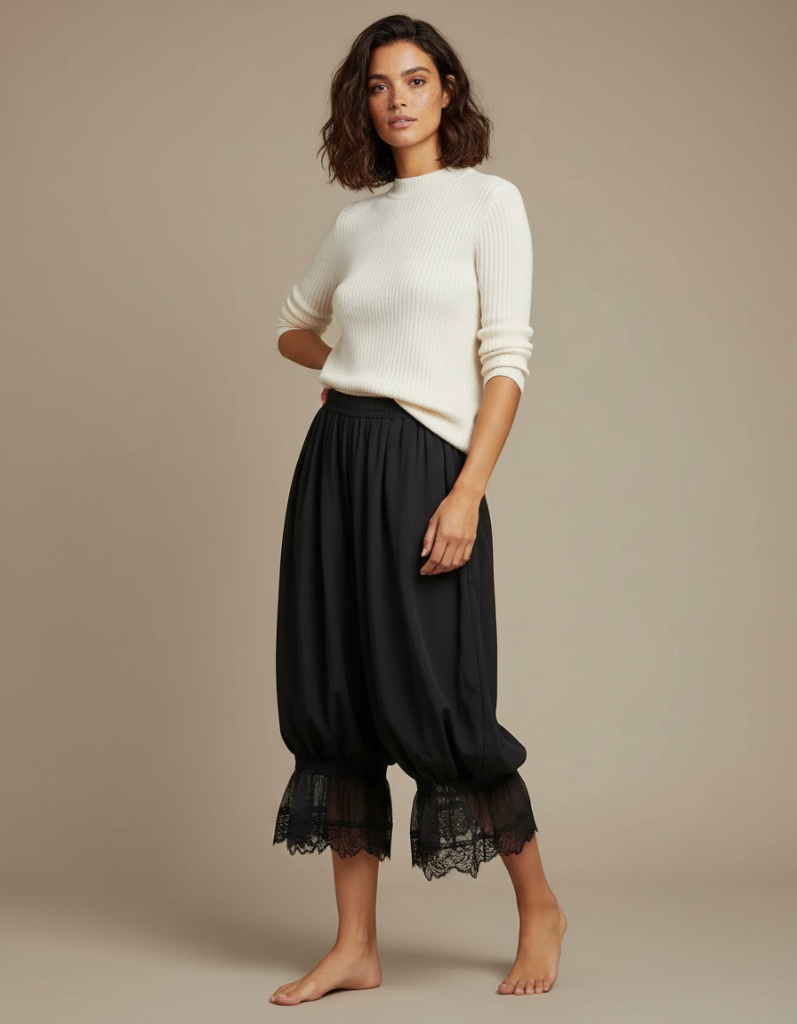 Pantalon Jupe Noir Ample Dentelle Bohème Court - Viscose