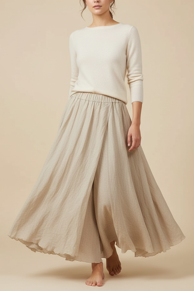 Pantalon Jupe Beige Lin Ample Plissé Fluide Femme