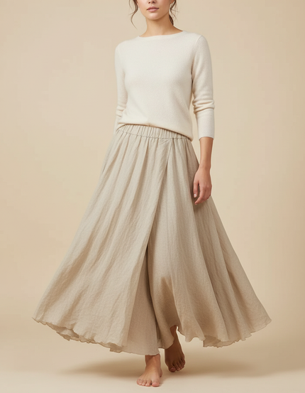Pantalon Jupe Beige Lin Ample Plissé Fluide Femme
