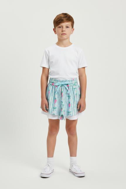 Pantalon Jupe Bleu Ciel Fraises Nœuds Superposé Coton Enfant