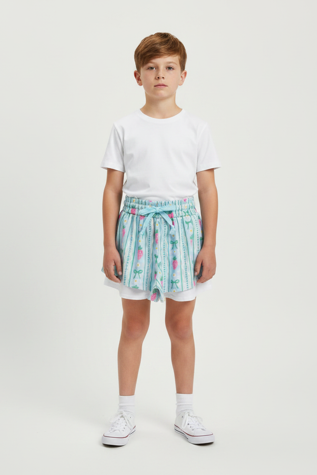 Pantalon Jupe Bleu Ciel Fraises Nœuds Superposé Coton Enfant