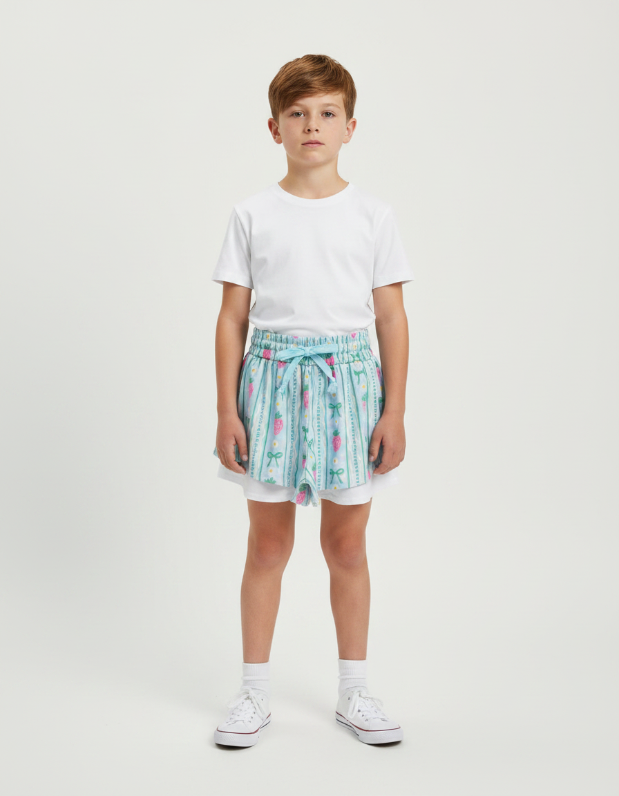 Pantalon Jupe Bleu Ciel Fraises Nœuds Superposé Coton Enfant