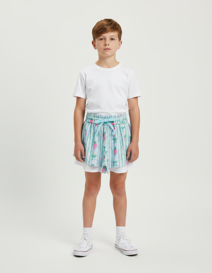 Pantalon Jupe Bleu Ciel Fraises Nœuds Superposé Coton Enfant