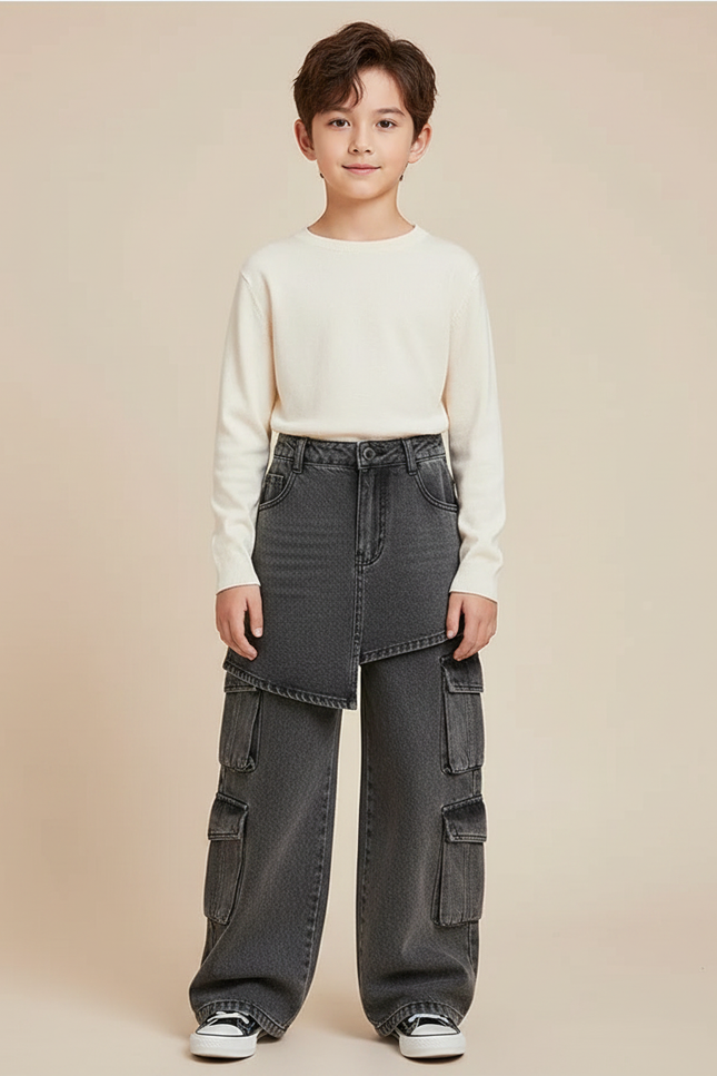 Pantalon Jupe Cargo Denim Asymétrique Garçon Gris - Jean