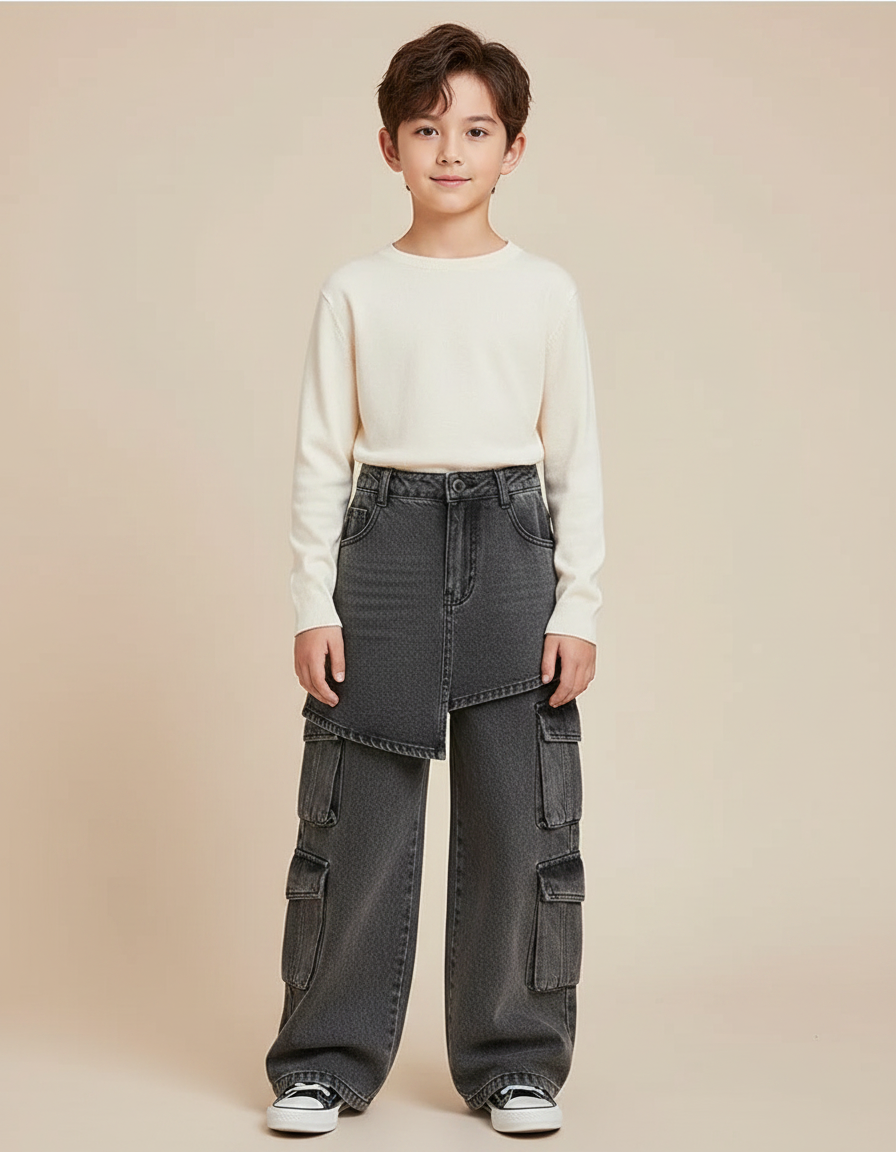 Pantalon Jupe Cargo Denim Asymétrique Garçon Gris - Jean