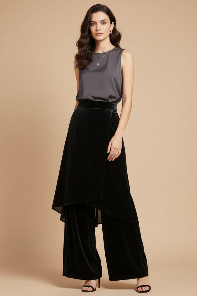 Pantalon Jupe Noir Velours Superposé Élégant Femme