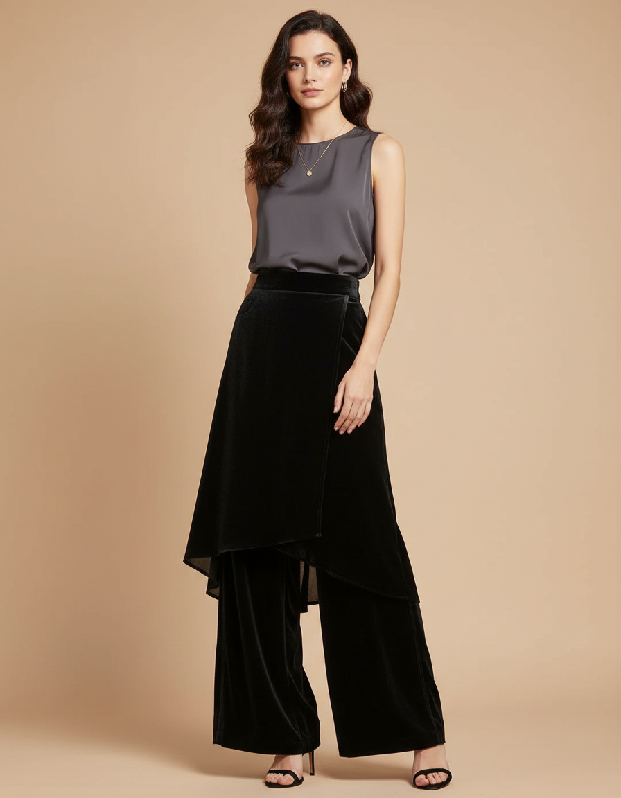 Pantalon Jupe Noir Velours Superposé Élégant Femme