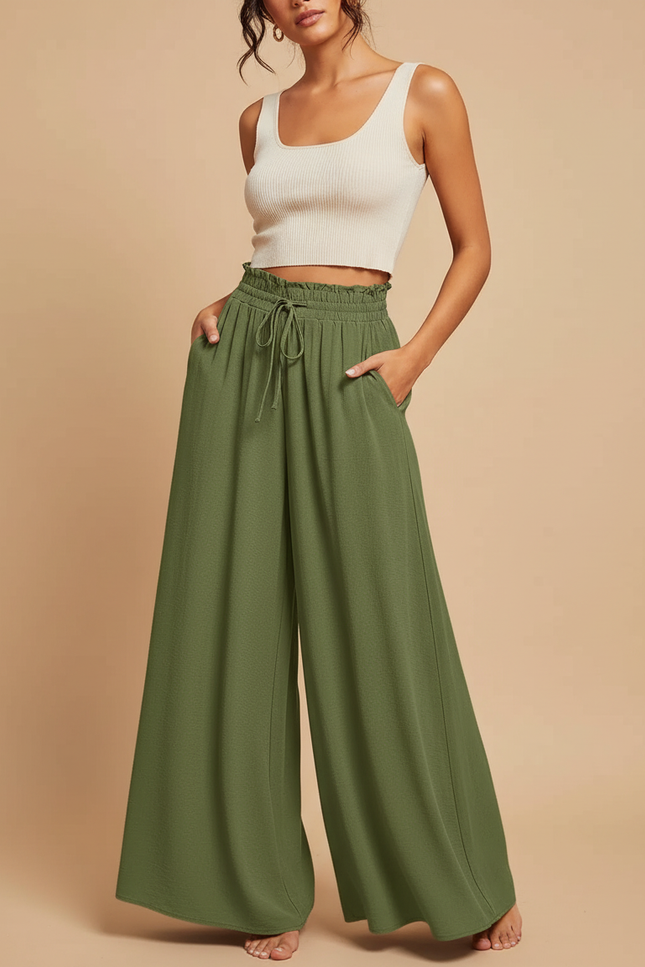 Pantalon Jupe Vert Ample Fluide Taille Haute Décontracté - Kaki Viscose