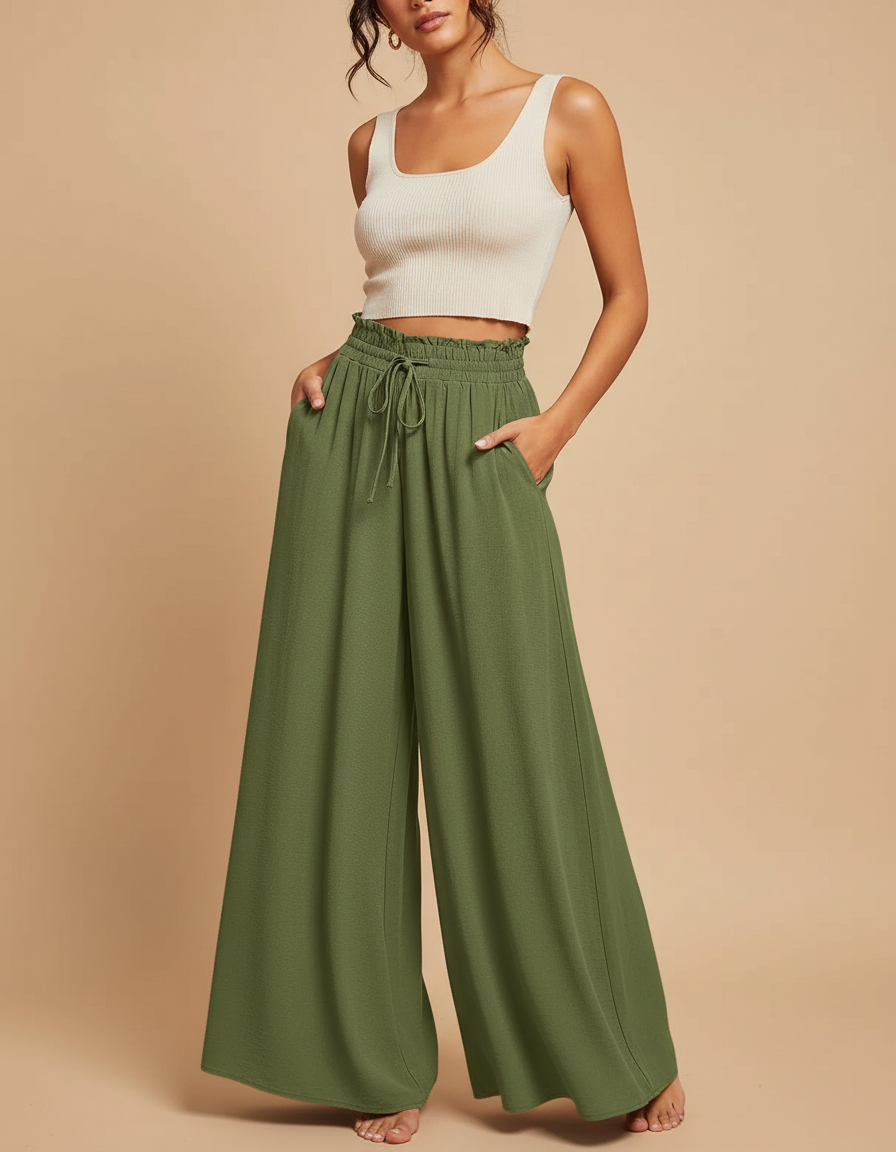 Pantalon Jupe Vert Ample Fluide Taille Haute Décontracté - Kaki Viscose