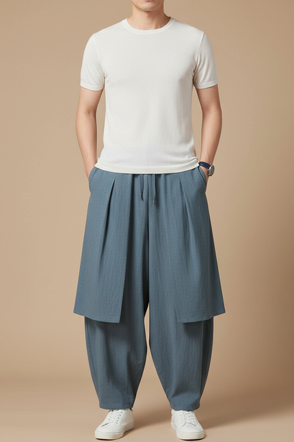 Pantalon Jupe Bleu Coton Ample Drapé Homme
