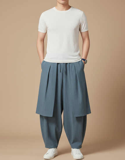 Pantalon Jupe Bleu Coton Ample Drapé Homme