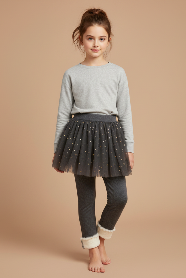 Pantalon Jupe Gris Tulle Pailleté Doublé Polaire - Molleton