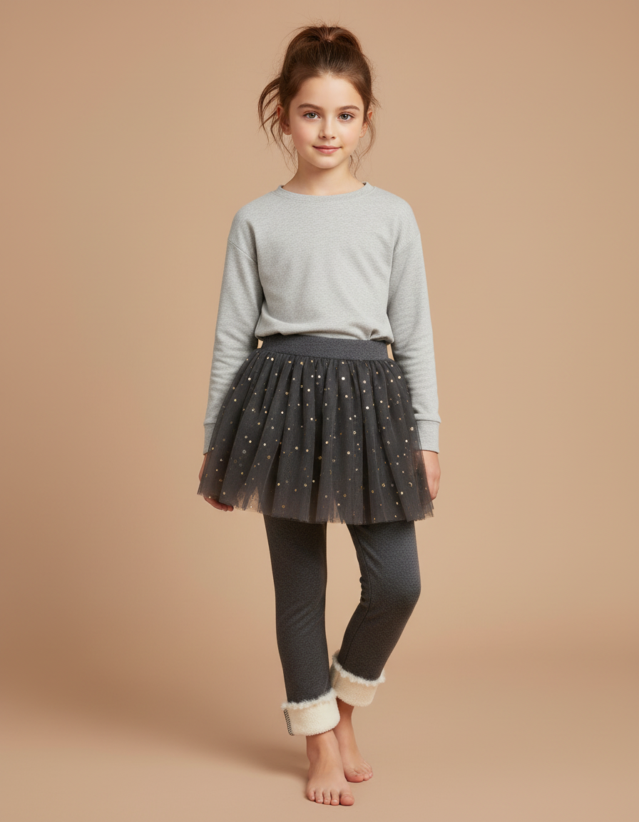 Pantalon Jupe Gris Tulle Pailleté Doublé Polaire - Molleton