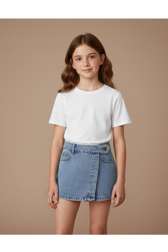 Pantalon Jupe Denim Bleu Superposé Bouton Enfant - Jean