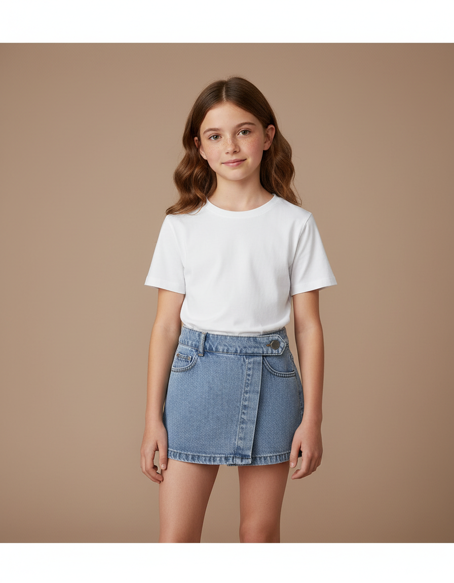 Pantalon Jupe Denim Bleu Superposé Bouton Enfant - Jean