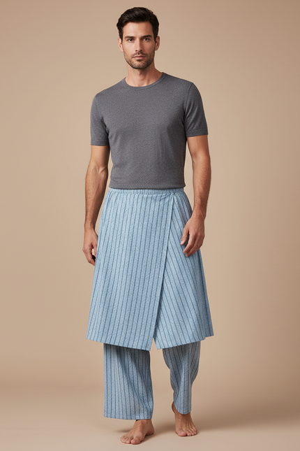 Pantalon Jupe Bleu Rayé Ample Décontracté Coton