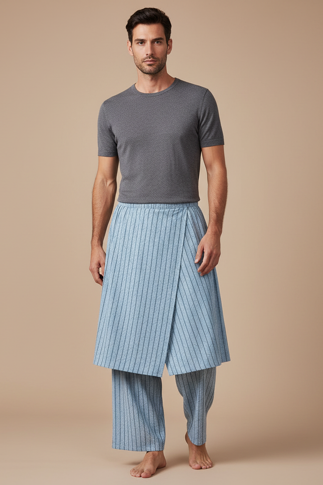 Pantalon Jupe Bleu Rayé Ample Décontracté Coton