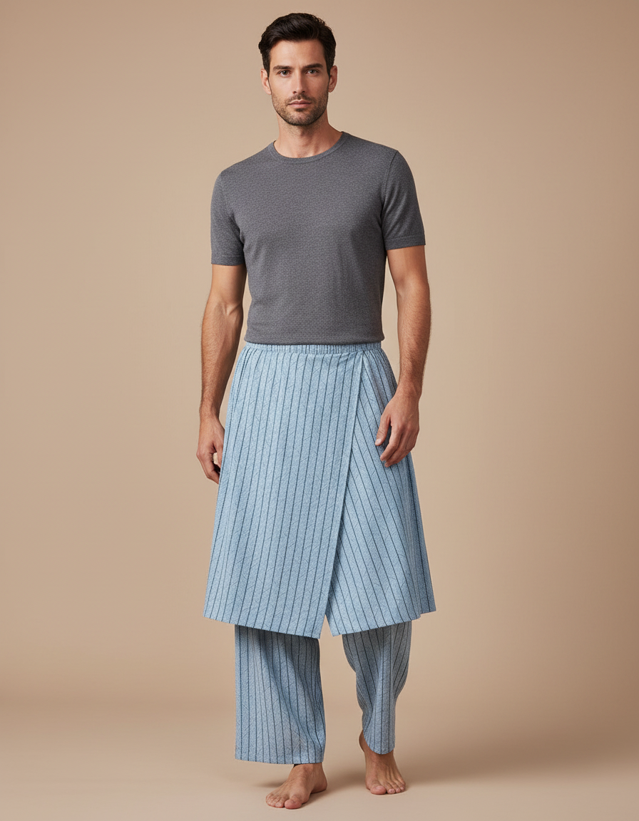Pantalon Jupe Bleu Rayé Ample Décontracté Coton