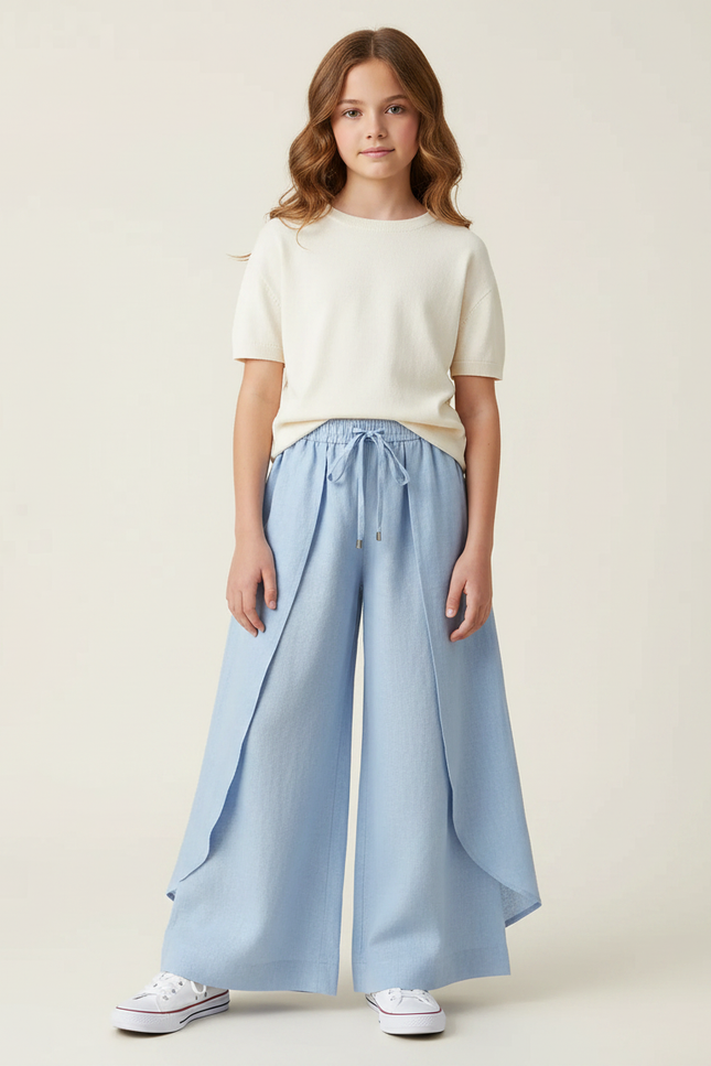 Pantalon Jupe Bleu Ciel Fluide Ample Superposé Fille - Lin