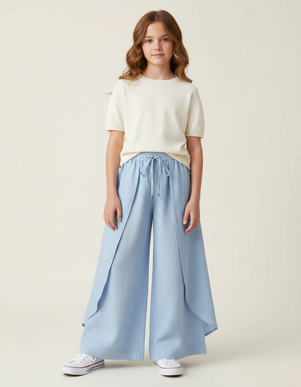 Pantalon Jupe Bleu Ciel Fluide Ample Superposé Fille - Lin