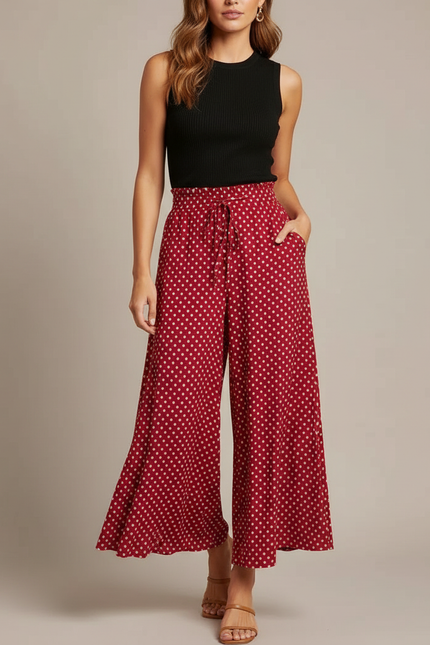 Pantalon Jupe Rouge Polka Dot Fluide Bohème Ample - Viscose